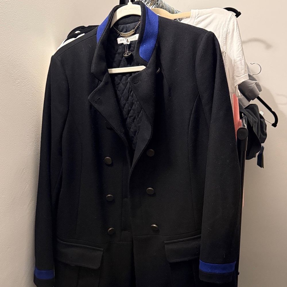 See by Chloe Black Double-Breasted Coat with Blue Accents